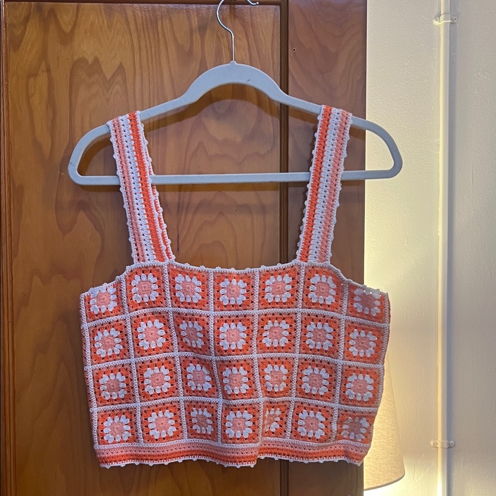 Maje Orange and White Crochet Floral Tank Top
